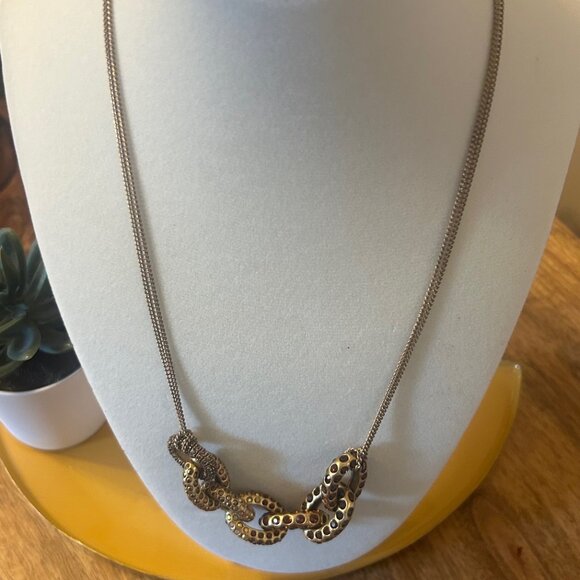 Unique J. Crew double chain Goldtone/Brass statement necklace with Crystal links - Picture 2 of 8